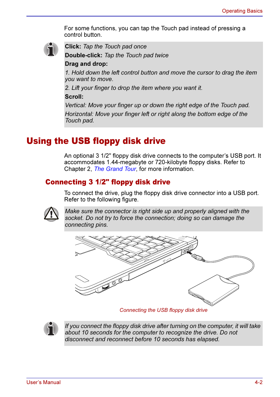 Using the usb floppy disk drive -2, Connecting 3 1/2" floppy disk drive -2, Using the usb floppy disk drive | Connecting 3 1/2" floppy disk drive | Toshiba A50 User Manual | Page 75 / 211