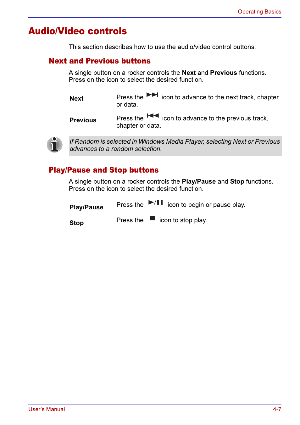 Audio/video controls -7, Audio/video controls, Next and previous buttons | Play/pause and stop buttons | Toshiba A50 User Manual | Page 80 / 211