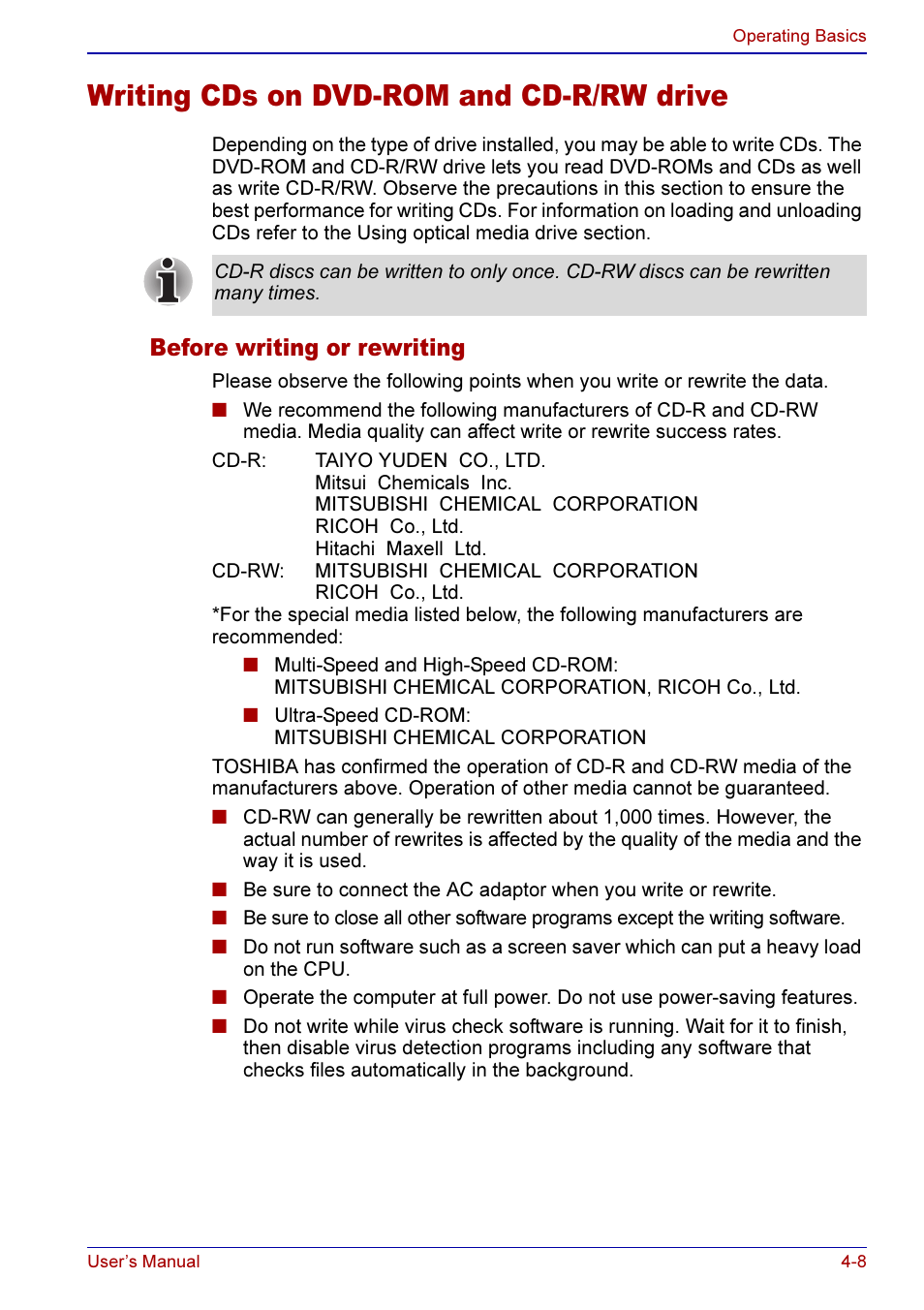 Writing cds on dvd-rom and cd-r/rw drive -8, Before writing or rewriting -8, Writing cds | On dvd-rom and cd-r/rw drive, Sect, Writing cds on dvd-rom and cd-r/rw drive, Before writing or rewriting | Toshiba A50 User Manual | Page 81 / 211