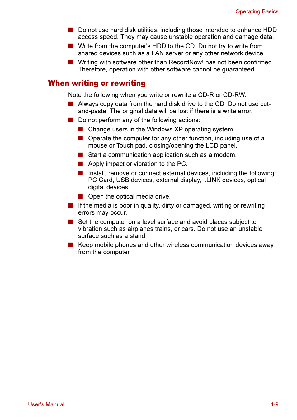 When writing or rewriting -9, When writing or rewriting | Toshiba A50 User Manual | Page 82 / 211