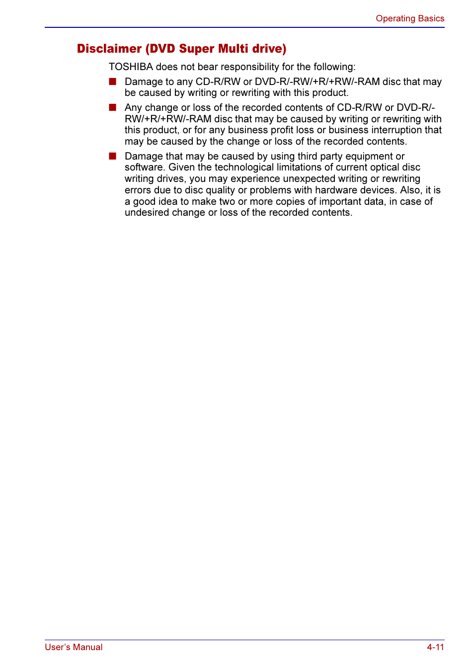 Disclaimer (dvd super multi drive) -11, Disclaimer (dvd super multi drive) | Toshiba A50 User Manual | Page 84 / 211