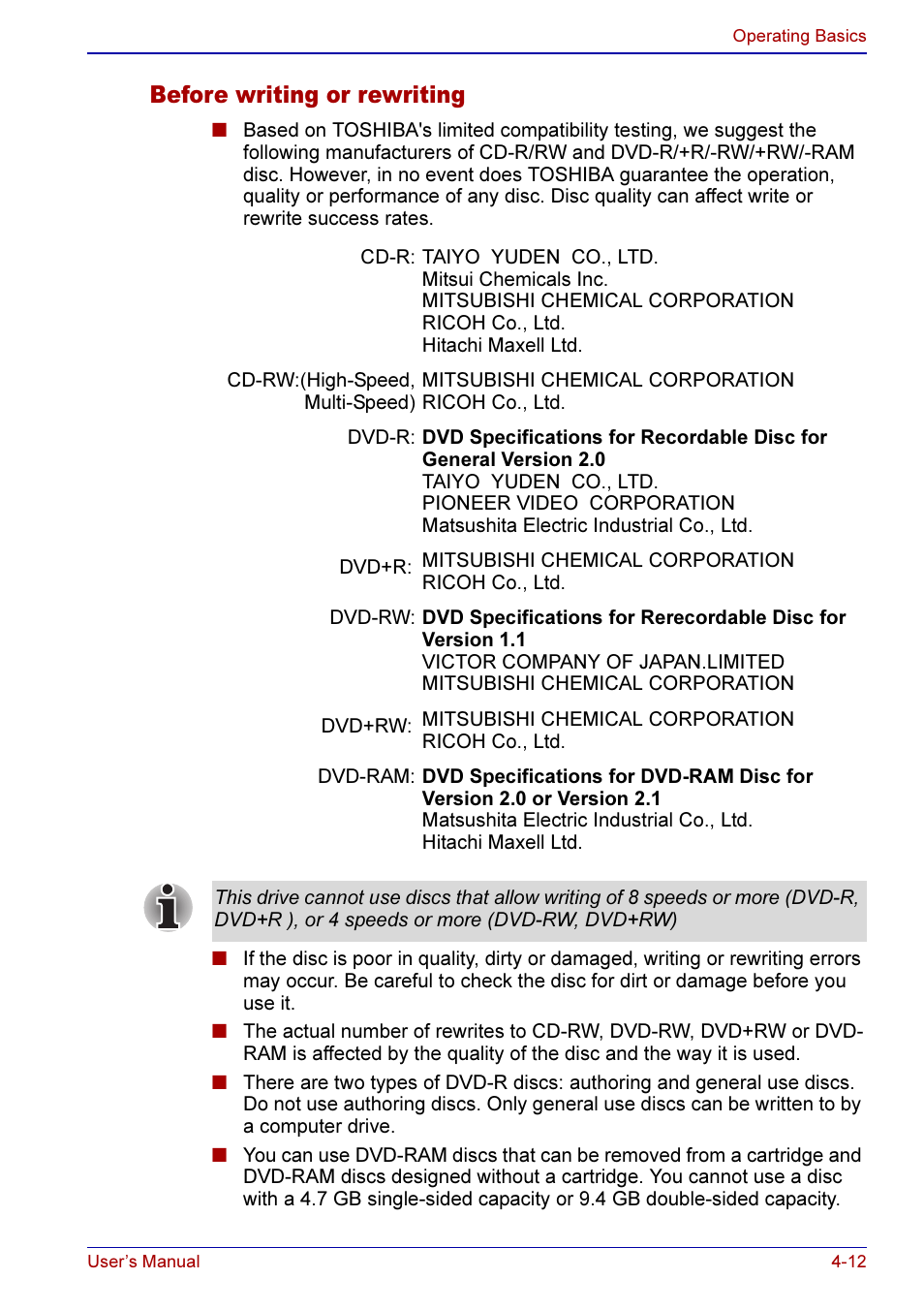 Before writing or rewriting -12, Before writing or rewriting | Toshiba A50 User Manual | Page 85 / 211