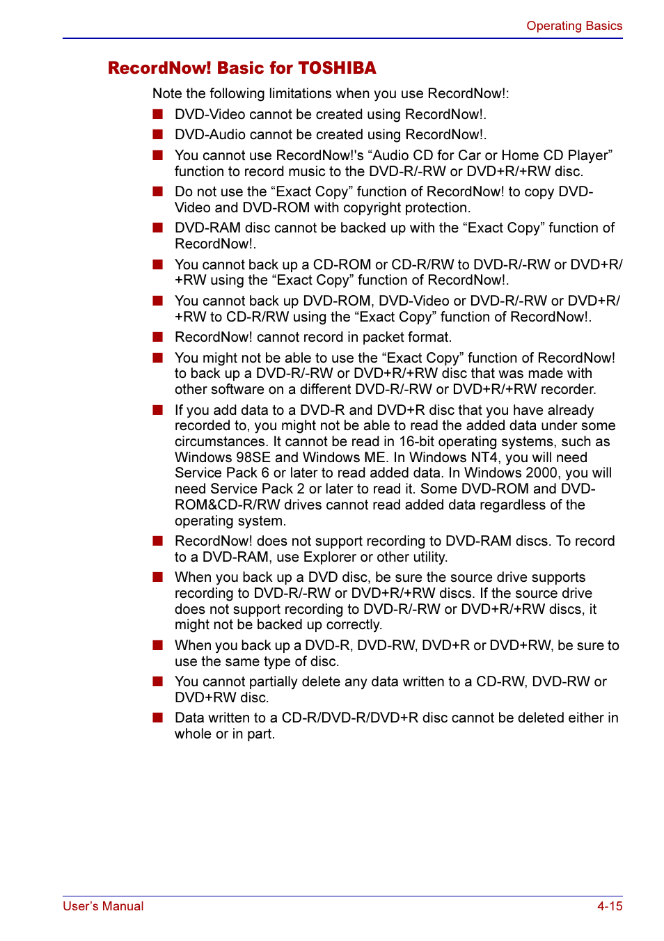 Recordnow! basic for toshiba -15, Recordnow! basic for toshiba | Toshiba A50 User Manual | Page 88 / 211