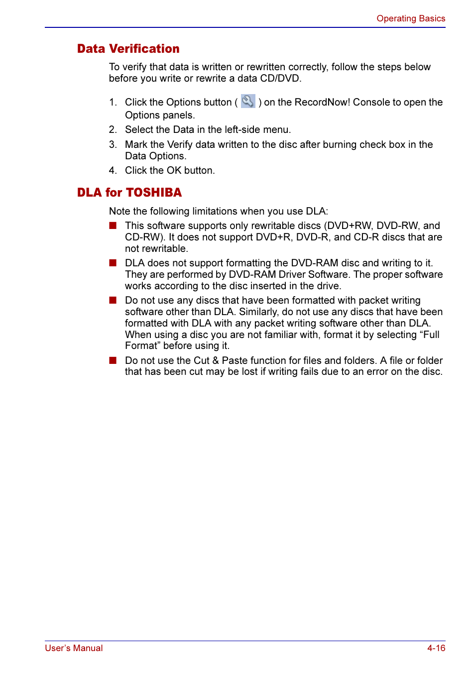 Data verification -16 dla for toshiba -16, Data verification, Dla for toshiba | Toshiba A50 User Manual | Page 89 / 211