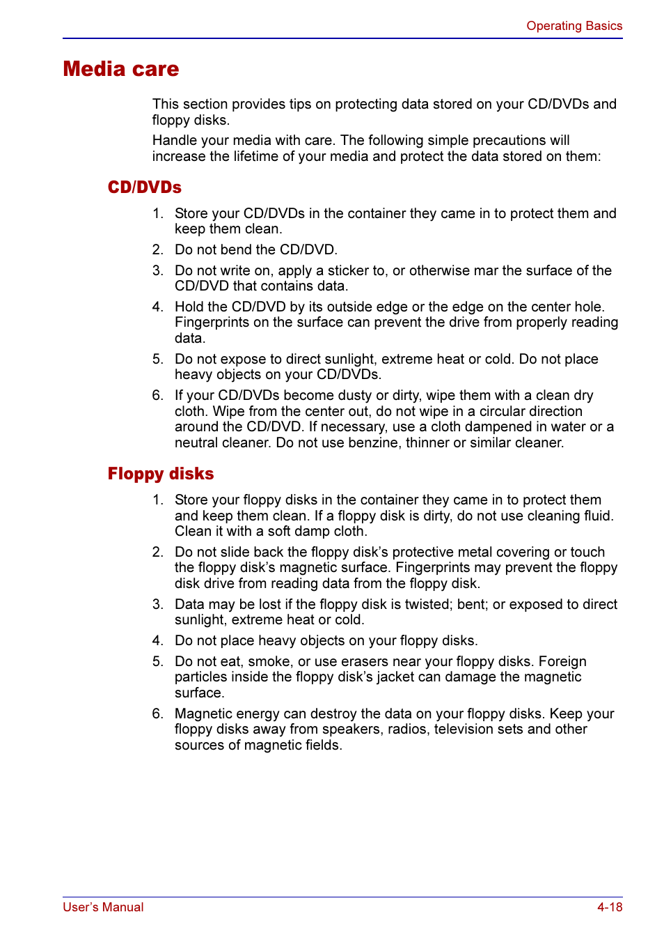 Media care -18, Cd/dvds -18 floppy disks -18, Media care | Cd/dvds, Floppy disks | Toshiba A50 User Manual | Page 91 / 211