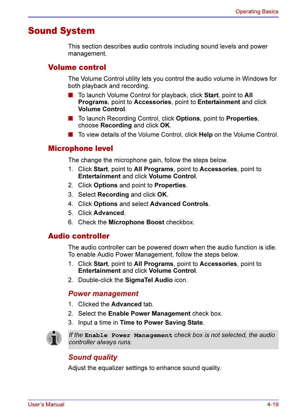 Sound system -19, Sound system | Toshiba A50 User Manual | Page 92 / 211