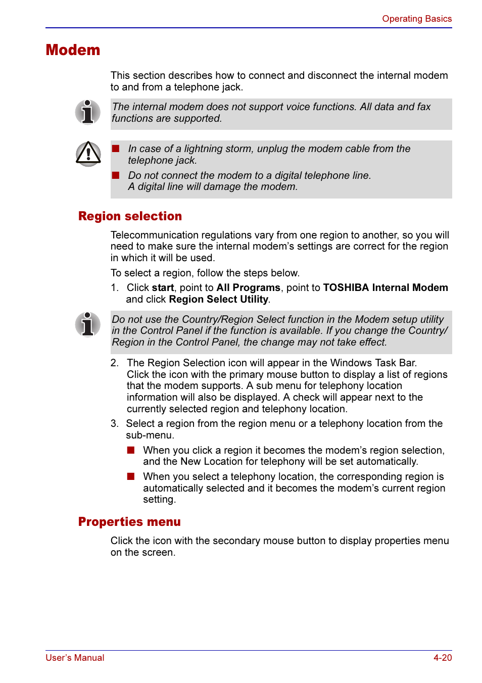 Modem -20, Region selection -20 properties menu -20, Modem | Region selection, Properties menu | Toshiba A50 User Manual | Page 93 / 211