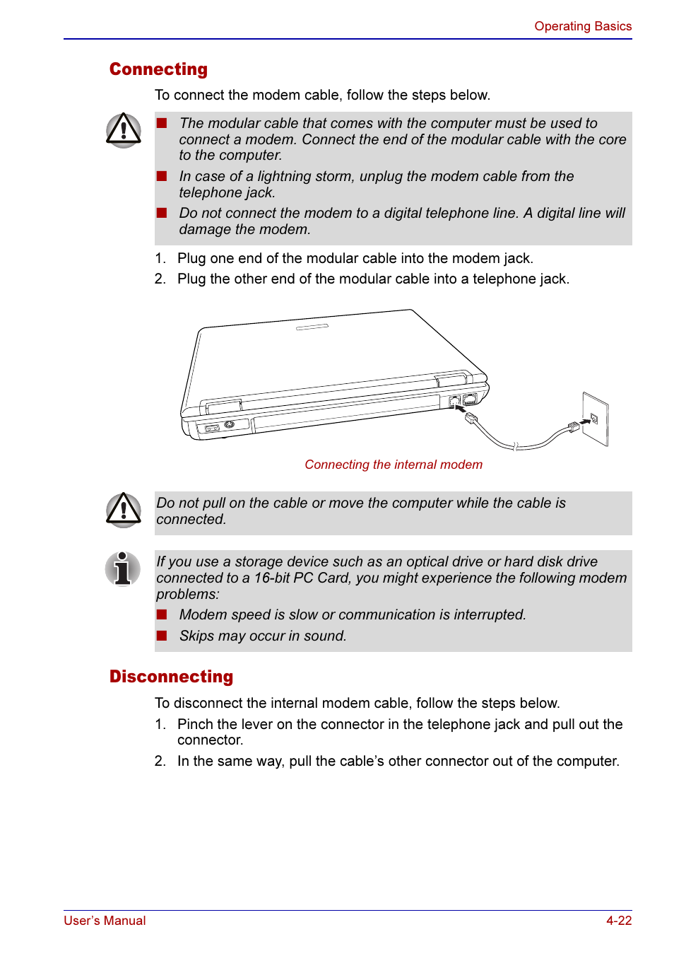 Connecting -22 disconnecting -22, Connecting, Disconnecting | Toshiba A50 User Manual | Page 95 / 211