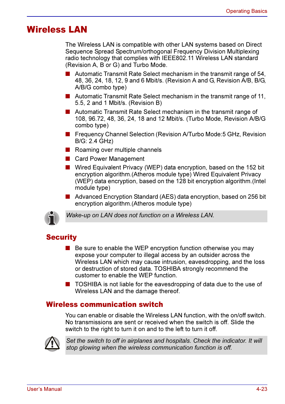 Wireless lan -23, Wireless communication switch -23, Wireless lan | Security, Wireless communication switch | Toshiba A50 User Manual | Page 96 / 211