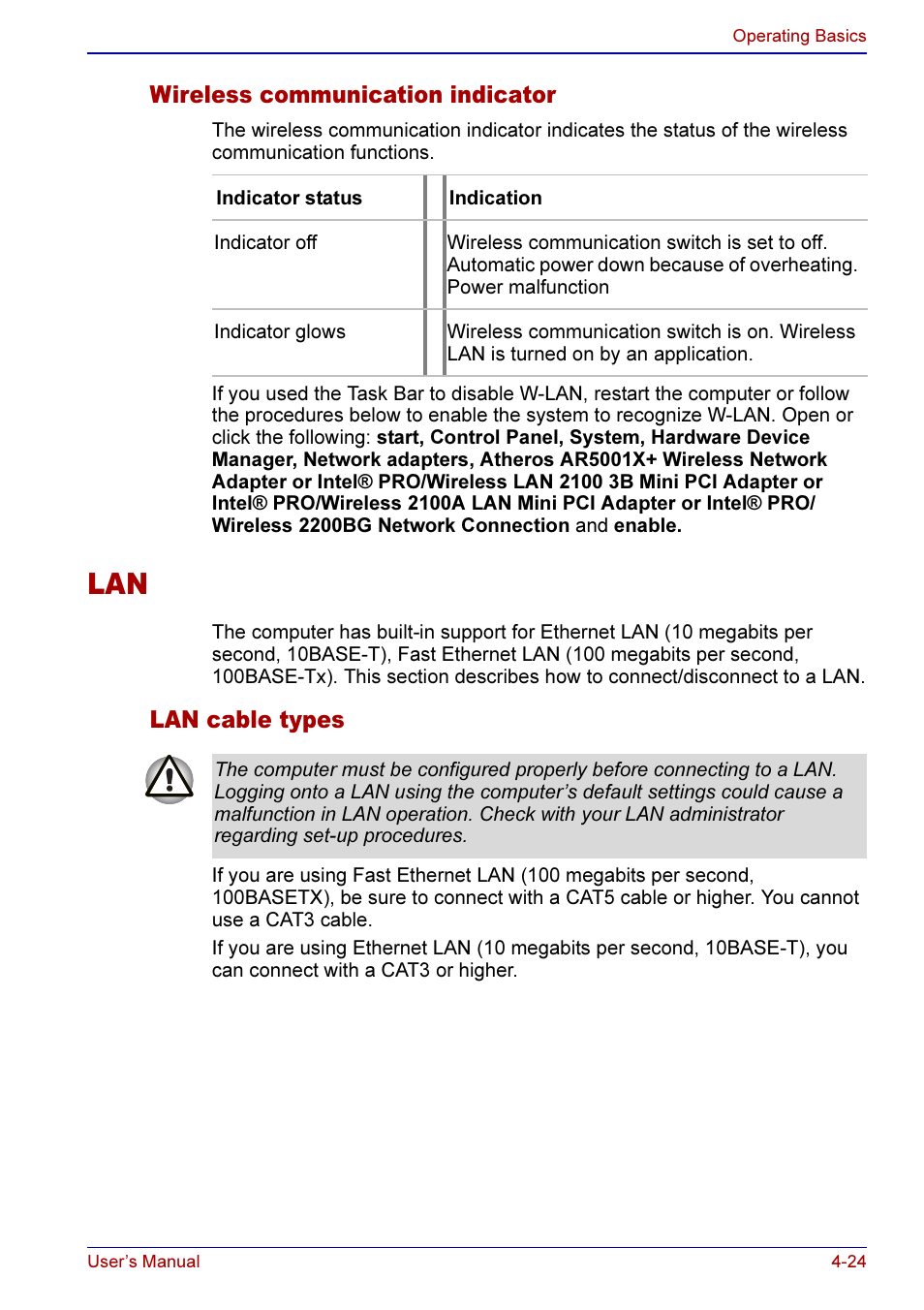 Wireless communication indicator -24, Lan -24, Lan cable types -24 | Toshiba A50 User Manual | Page 97 / 211