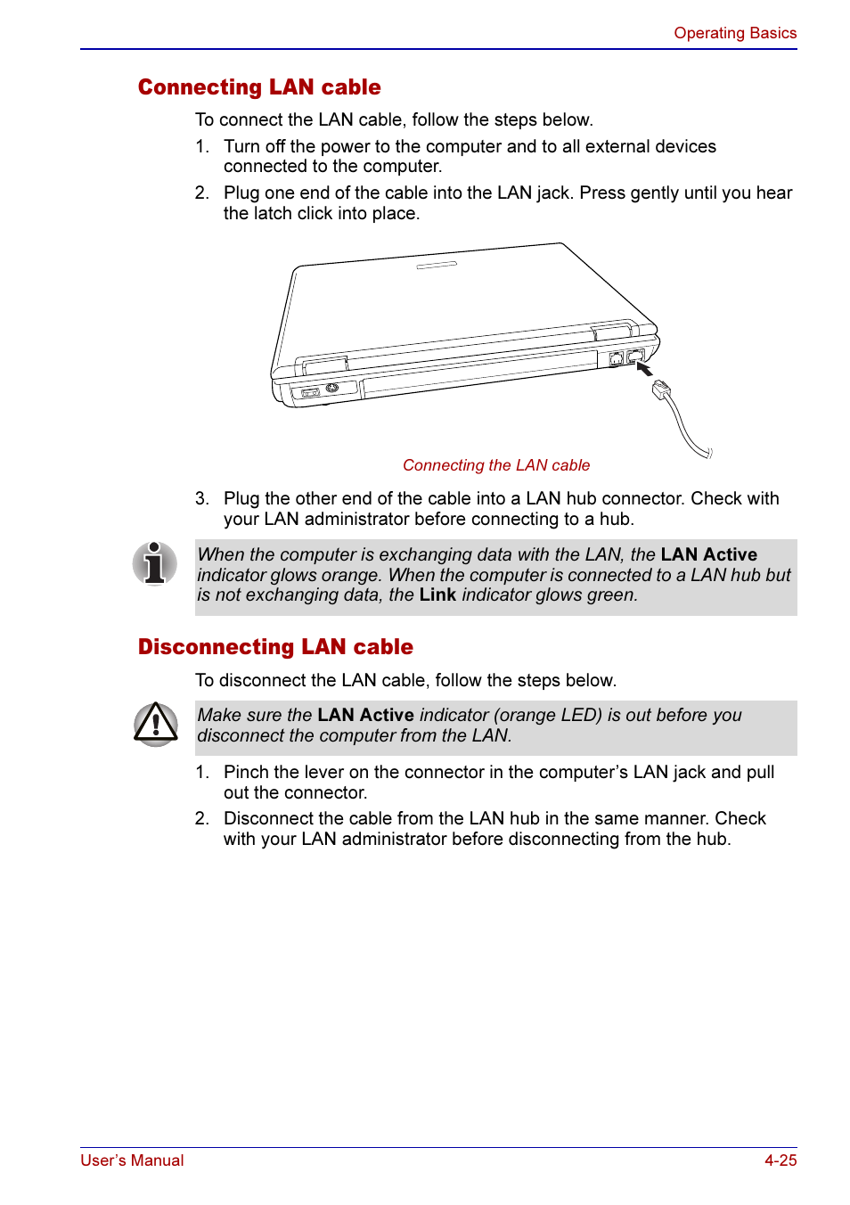 Connecting lan cable, Disconnecting lan cable | Toshiba A50 User Manual | Page 98 / 211