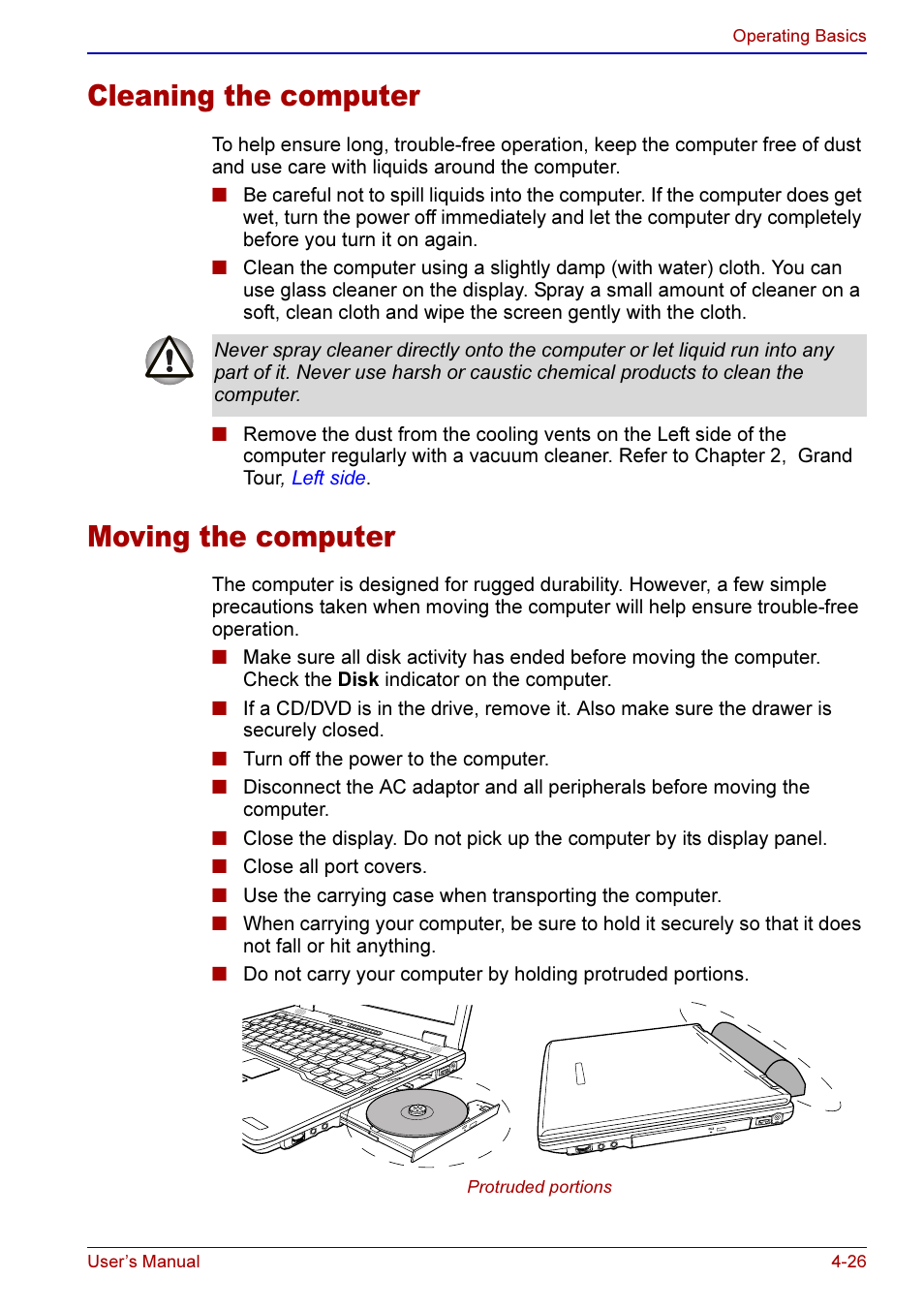 Cleaning the computer -26 moving the computer -26, Cleaning the computer, Moving the computer | Toshiba A50 User Manual | Page 99 / 211