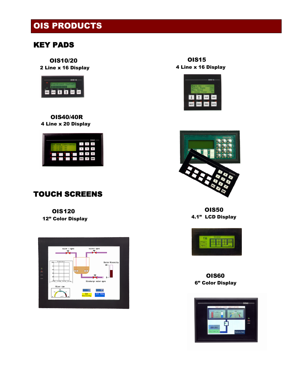 Ois products, Key pads touch screens | Toshiba Network Device OIS120 User Manual | Page 2 / 16