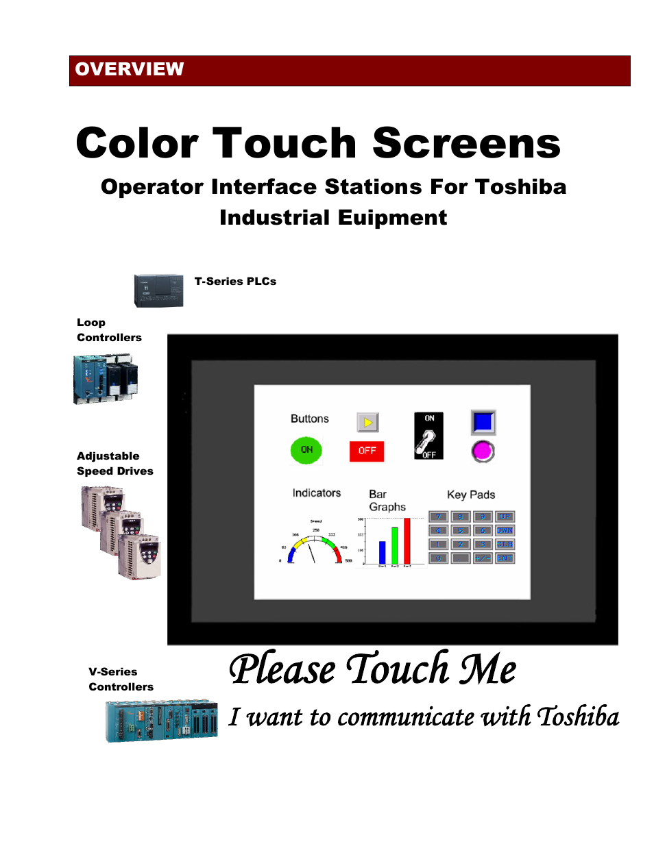 Please touch me, Color touch screens, I want to communicate with toshiba | Toshiba Network Device OIS120 User Manual | Page 4 / 16