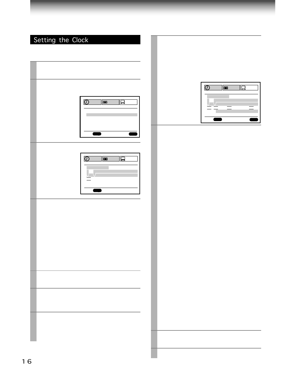 Setting the clock, Enter, Play/x2 | Stop, Prog, Play/ x2 | Toshiba W-701 User Manual | Page 16 / 42