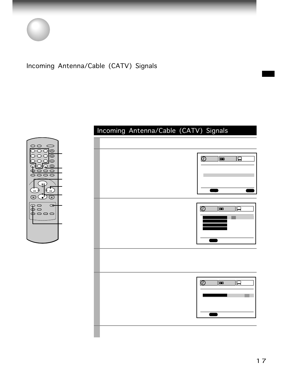 Storing channels on the vcr, Incoming antenna/cable (catv) signals, Ch/trk | Prog, Enter, Play/ x2, Stop, Play/x2, Press, Select “preset” using | Toshiba W-701 User Manual | Page 17 / 42
