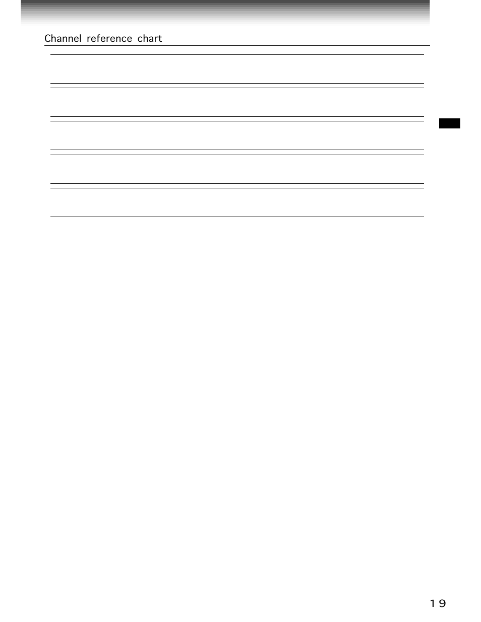 Channel reference chart | Toshiba W-701 User Manual | Page 19 / 42