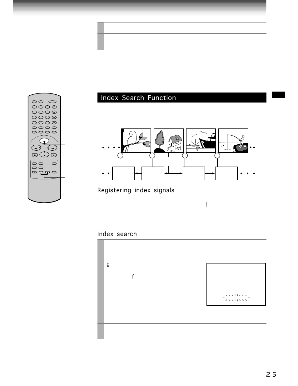 Index search function, Index, Play/x2 | Prog, Remain/counter | Toshiba W-701 User Manual | Page 25 / 42