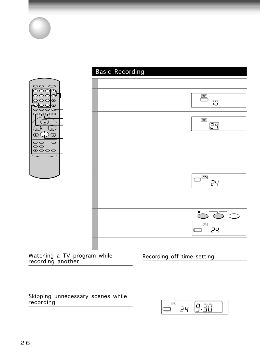 Recording, Recording a tv program, Basic recording | Tv/vcr, Channel, Ch/trk, Number buttons, Sp/slp, Stop | Toshiba W-701 User Manual | Page 26 / 42