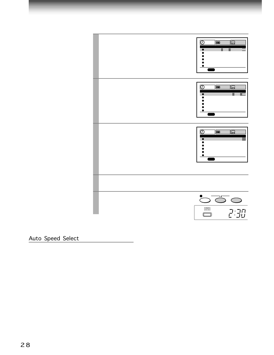 Timer program recording (continued), Play/x2, Stop | Prog, Timer, Move to the next using, Move to the next, and set the recording off time, Press, Press both, Simultaneously | Toshiba W-701 User Manual | Page 28 / 42