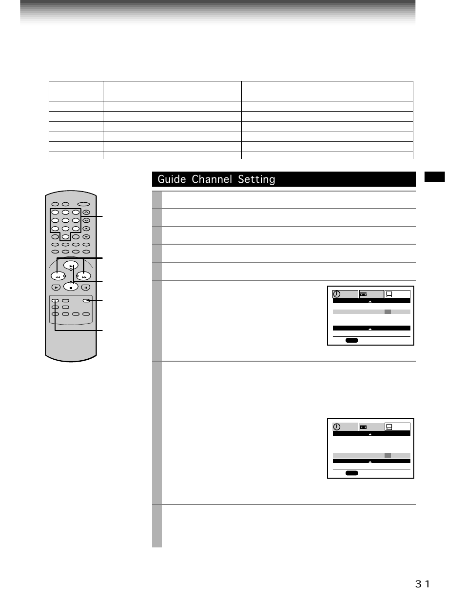 Guide channel setting, Prog, Enter | Play/x2, Stop, Press, Select “preset” using, And press, Set “tv/catv” to “tv” or “catv” using, Select “guide ch” using | Toshiba W-701 User Manual | Page 31 / 42