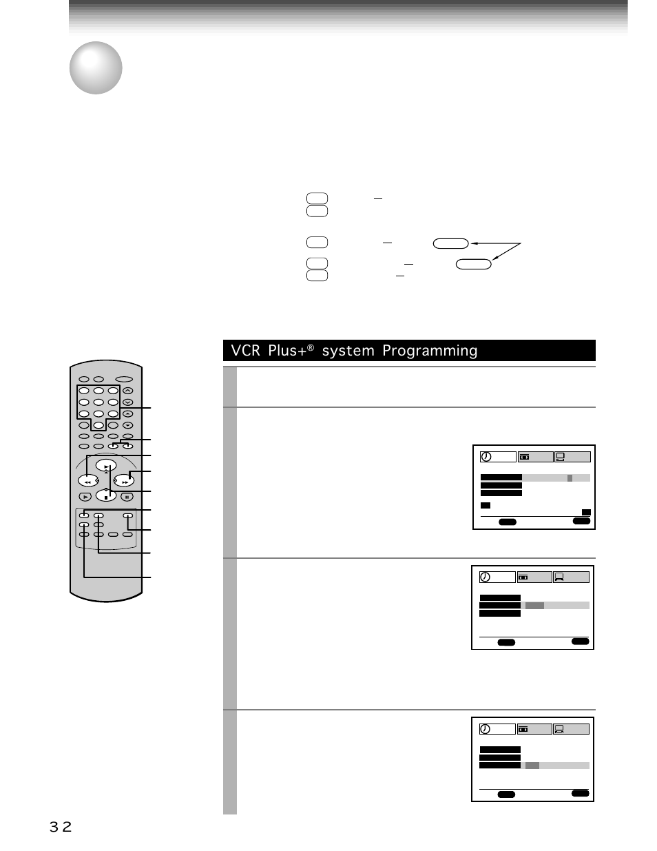 Vcr plus+ system recording for w708 only, System recording (for w-708 only), Vcr plus | System programming, Play/x2, Stop, Press, Enter a pluscode, Programming number, Select “mode” using | Toshiba W-701 User Manual | Page 32 / 42