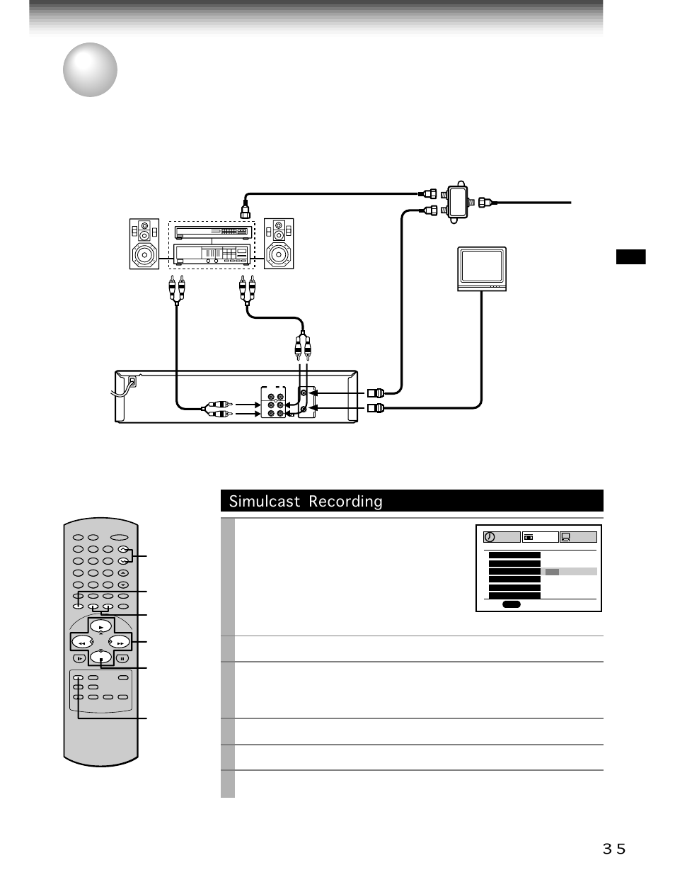Simulcast recording, Play/x2, Stop | Prog, Channel, Ch/trk, Sp/slp, And set to “on” using, Press, Select the desired channel using | Toshiba W-701 User Manual | Page 35 / 42