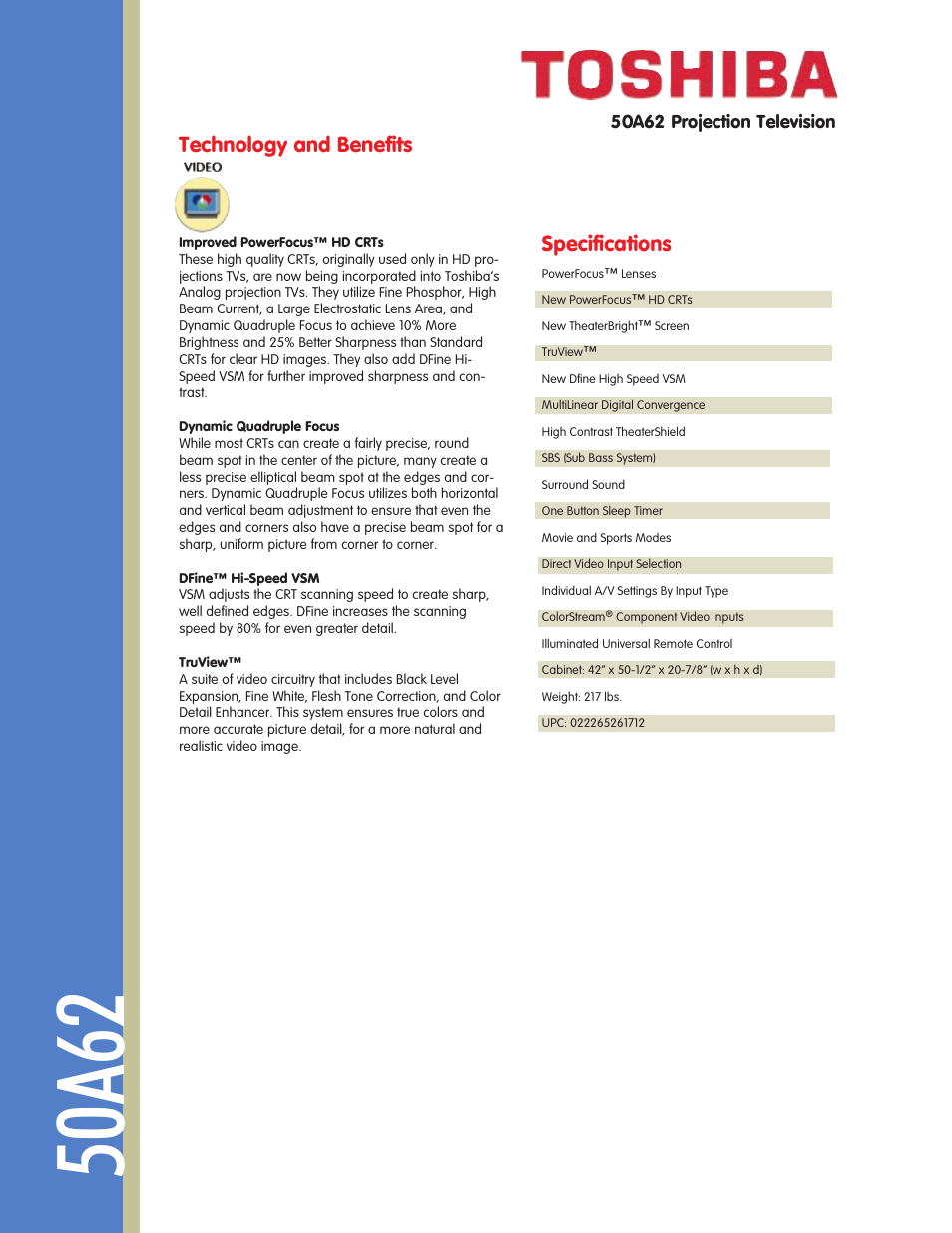 50a62, Technology and benefits, Specifications | Toshiba TheaterView 50A62 User Manual | Page 2 / 2