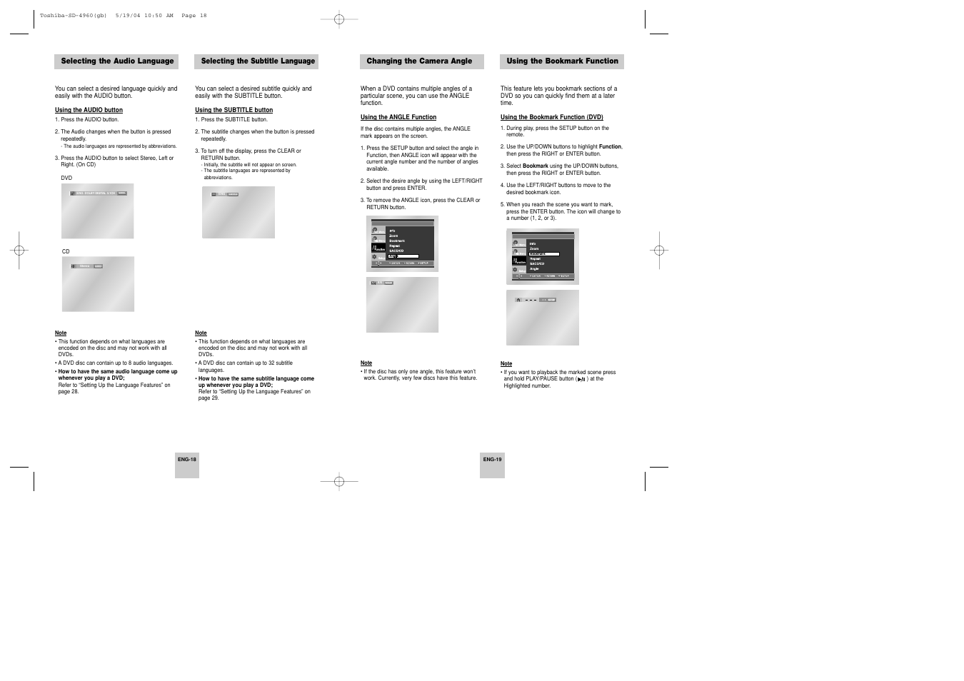 Angle, Audio, Subtitle | Toshiba SD-4960SU User Manual | Page 10 / 20