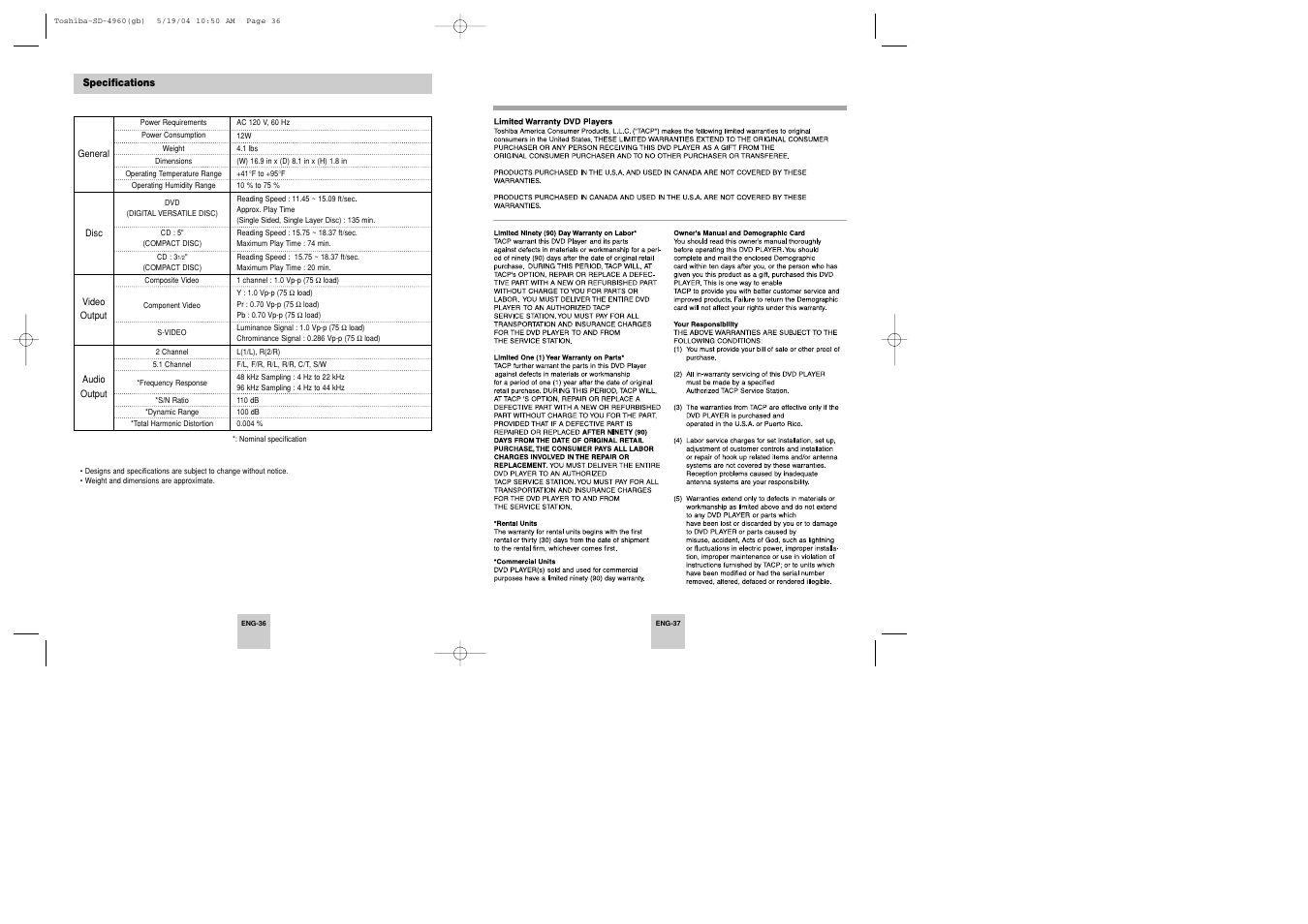 Toshiba SD-4960SU User Manual | Page 19 / 20