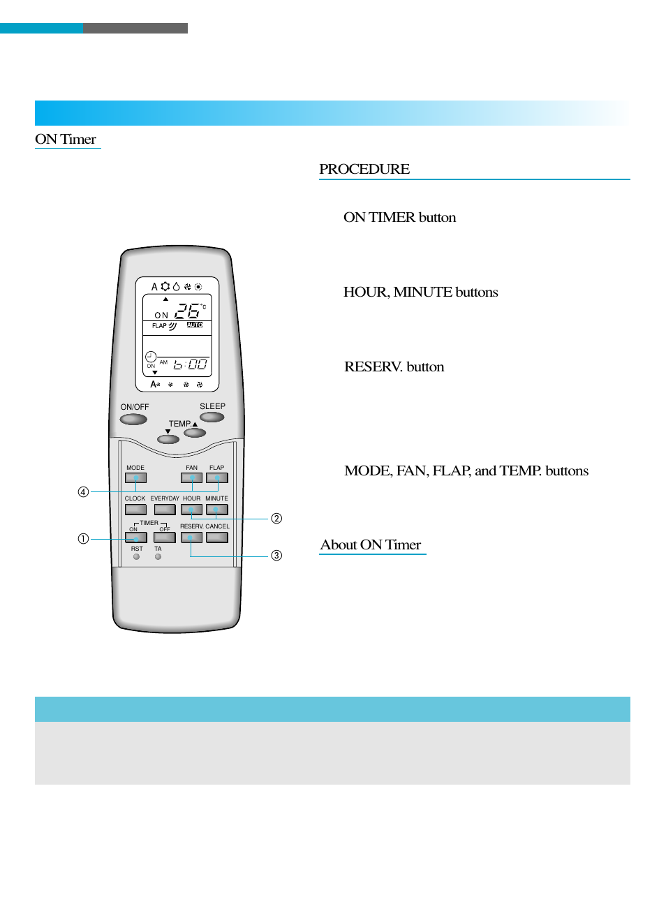 Unit operation, Timer operation, On timer procedure on timer button | Hour, minute buttons, Reserv. button, Mode, fan, flap, and temp. buttons, About on timer | Toshiba RAS-18LAH-A User Manual | Page 17 / 30