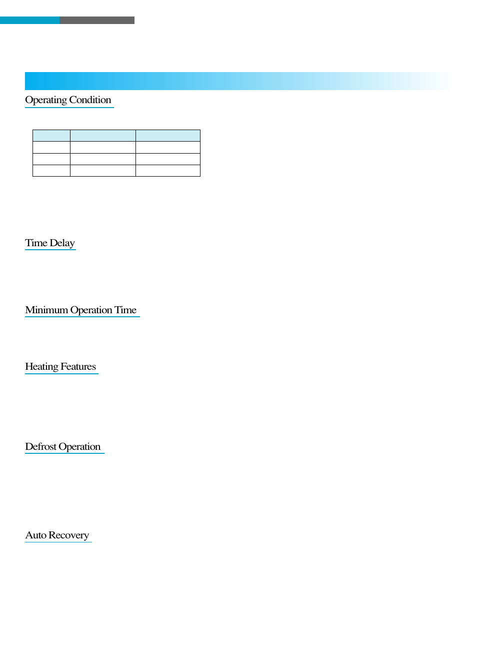 Care and maintenance, Operating condition, Time delay | Minimum operation time, Heating features, Defrost operation, Auto recovery | Toshiba RAS-18LAH-A User Manual | Page 25 / 30