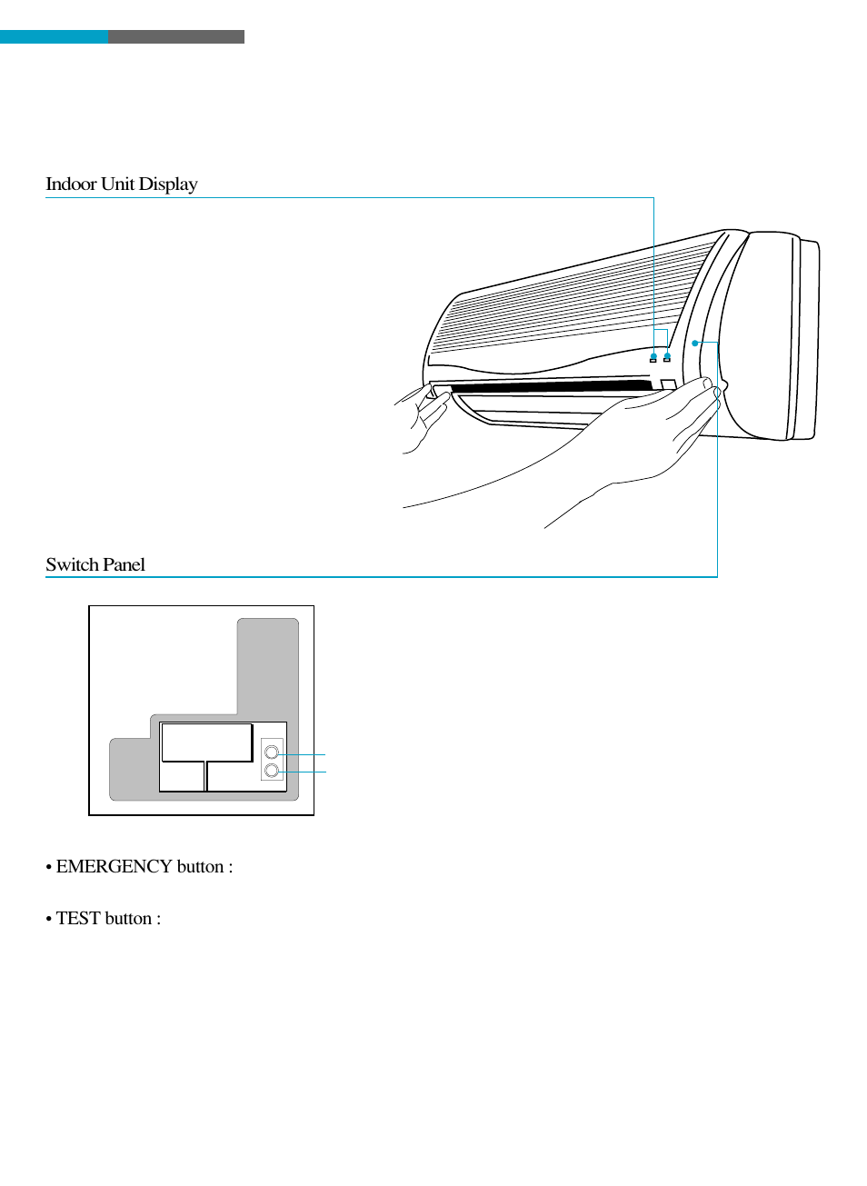 Before operation, Switch panel, Emergency button | Test button, Indoor unit display | Toshiba RAS-18LAH-A User Manual | Page 9 / 30