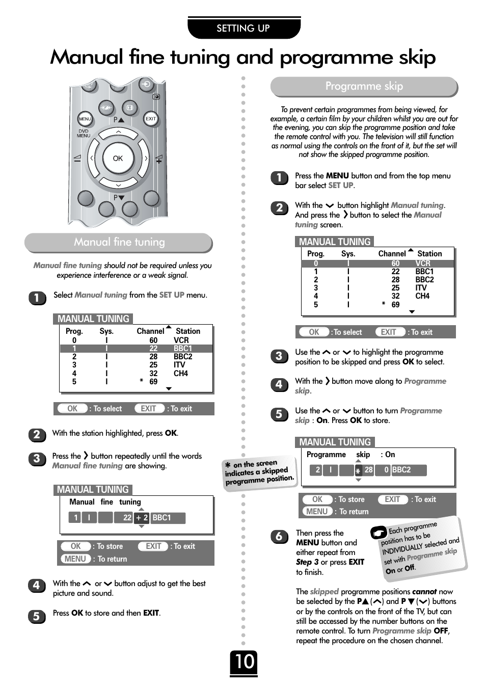 Manual fine tuning and programme skip, 34 5 6 programme skip, Manual fine tuning | Toshiba 36ZP18Q User Manual | Page 10 / 28