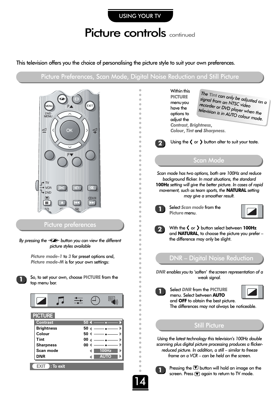 Picture controls, Dnr – digital noise reduction, Picture preferences | Scan mode 1 2, Still picture | Toshiba 36ZP18Q User Manual | Page 14 / 28