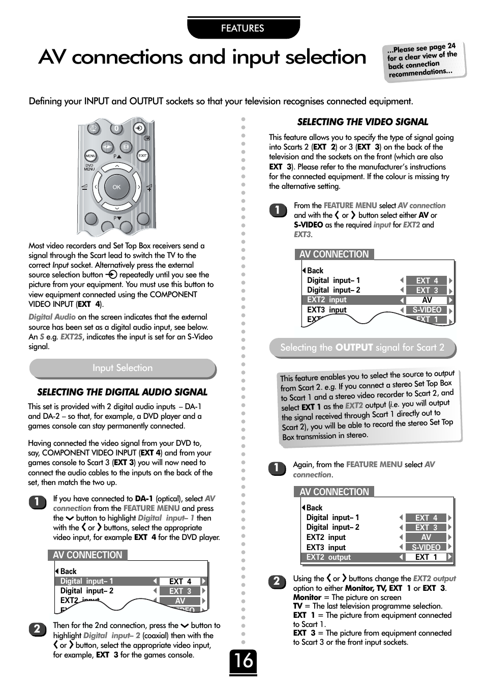 Av connections and input selection, Features, Selecting the digital audio signal | Input selection av connection, Av connection, Selecting the video signal | Toshiba 36ZP18Q User Manual | Page 16 / 28