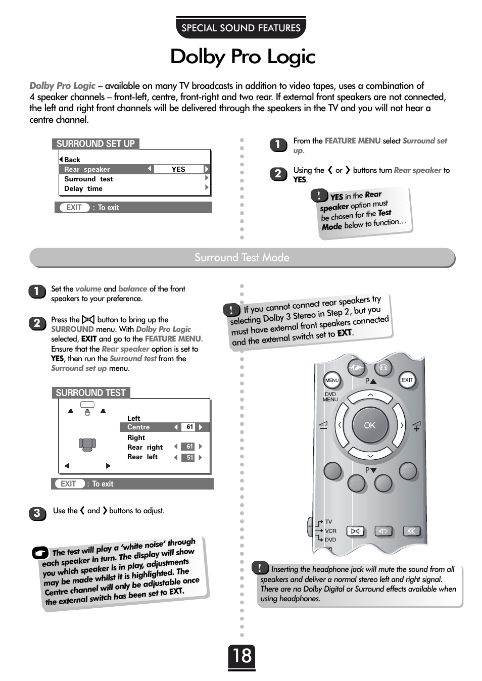 Dolby pro logic, Surround test mode | Toshiba 36ZP18Q User Manual | Page 18 / 28