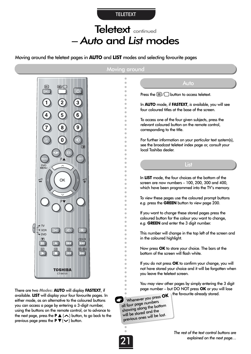 Teletext, Auto and list modes | Toshiba 36ZP18Q User Manual | Page 21 / 28