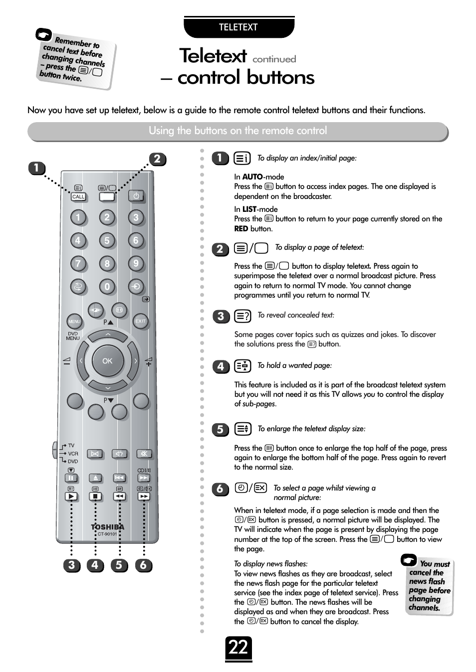 Teletext, Control buttons | Toshiba 36ZP18Q User Manual | Page 22 / 28