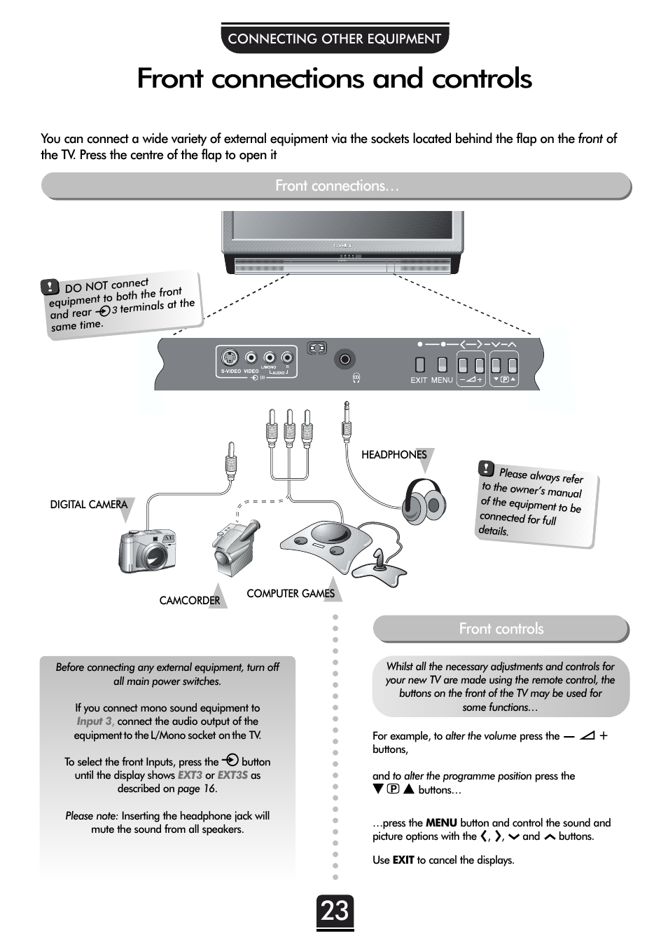 Front connections and controls | Toshiba 36ZP18Q User Manual | Page 23 / 28