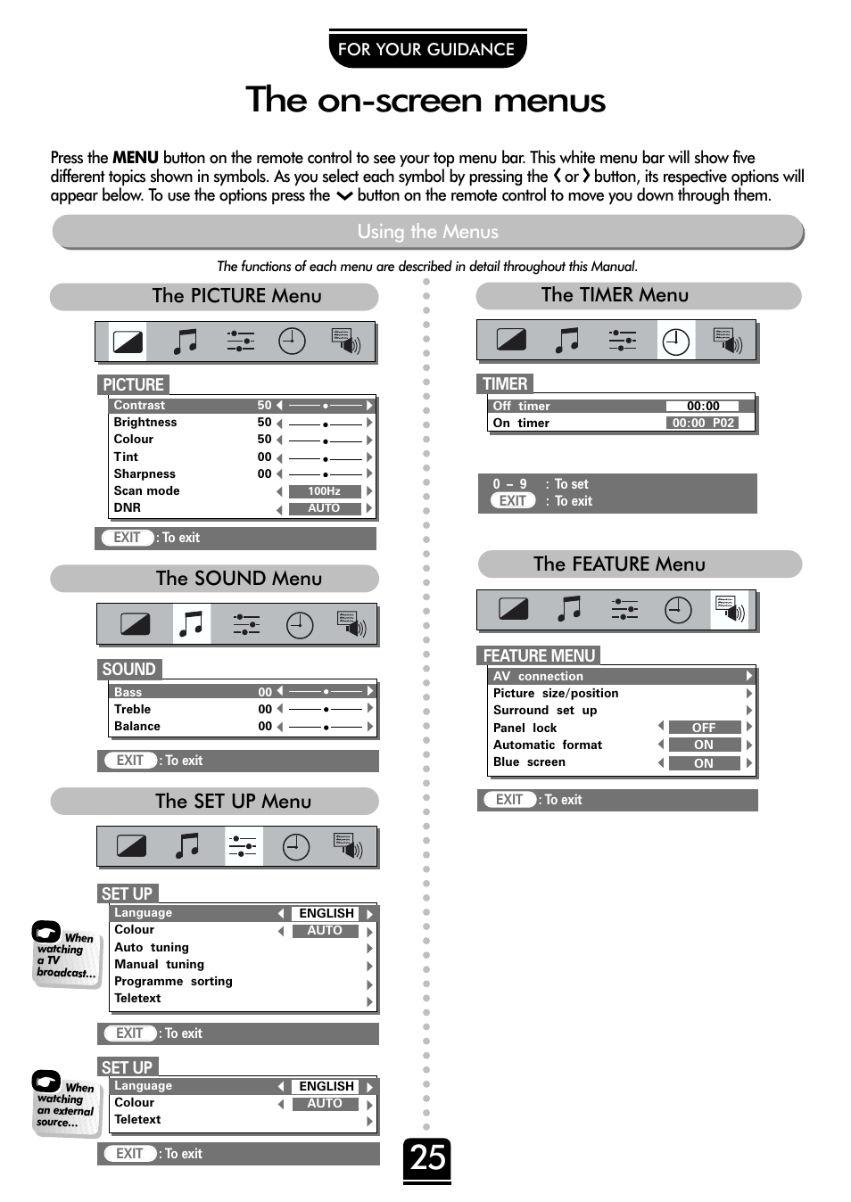 The on-screen menus, The timer menu the feature menu, Using the menus | The picture menu the sound menu the set up menu, Feature menu, Picture, Set up, For your guidance, Sound timer | Toshiba 36ZP18Q User Manual | Page 25 / 28