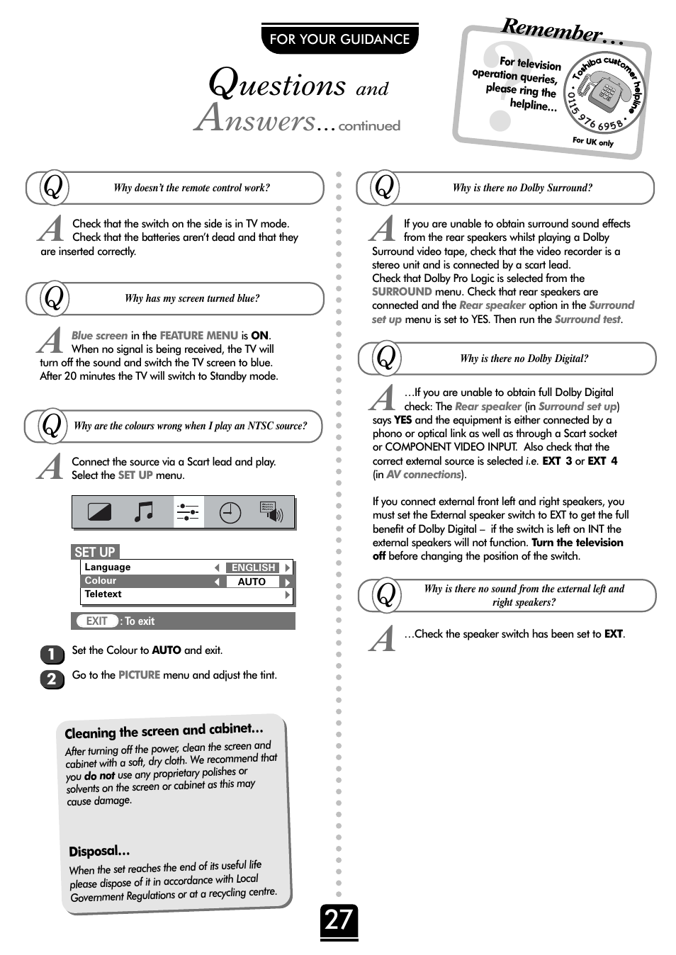 Uestions, Nswers, Remember | Toshiba 36ZP18Q User Manual | Page 27 / 28