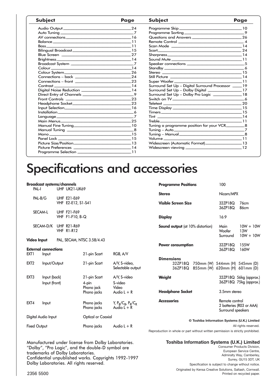 Specifications and accessories | Toshiba 36ZP18Q User Manual | Page 28 / 28