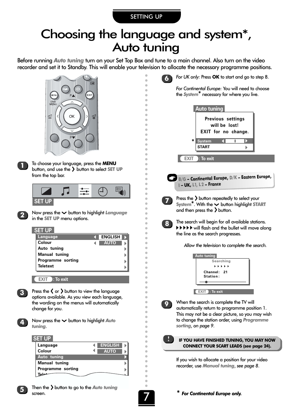 Choosing the language and system*, auto tuning, Xx xx xx xx xx, Set up | Auto tuning | Toshiba 36ZP18Q User Manual | Page 7 / 28