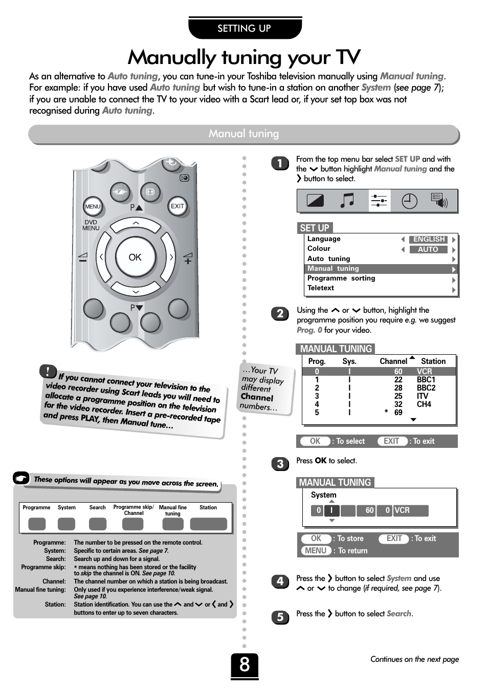 Manually tuning your tv, Manual tuning, Setting up | Set up | Toshiba 36ZP18Q User Manual | Page 8 / 28