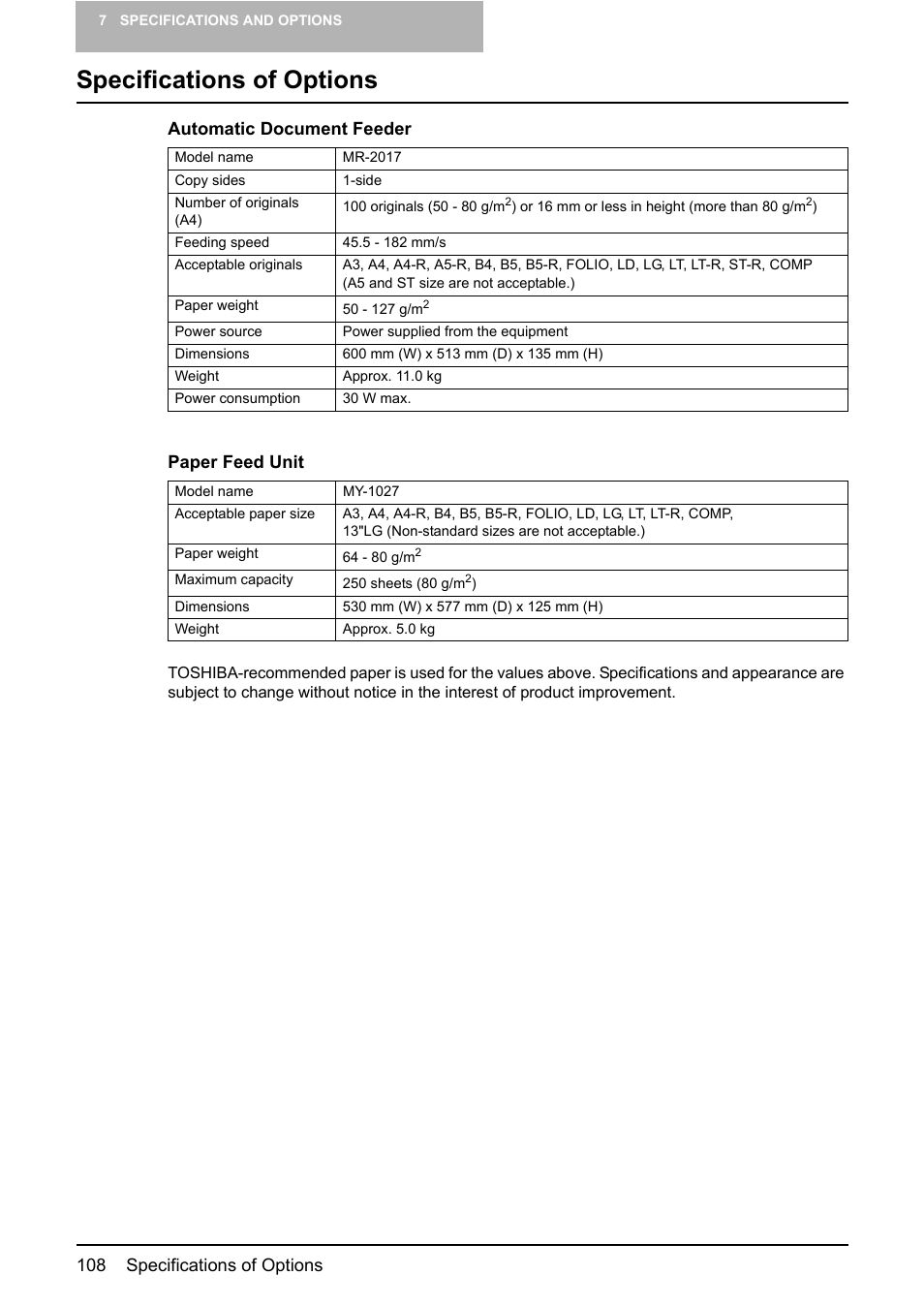 Specifications of options, 108 specifications of options, Automatic document feeder paper feed unit | Toshiba e-STUDIO203 User Manual | Page 110 / 116