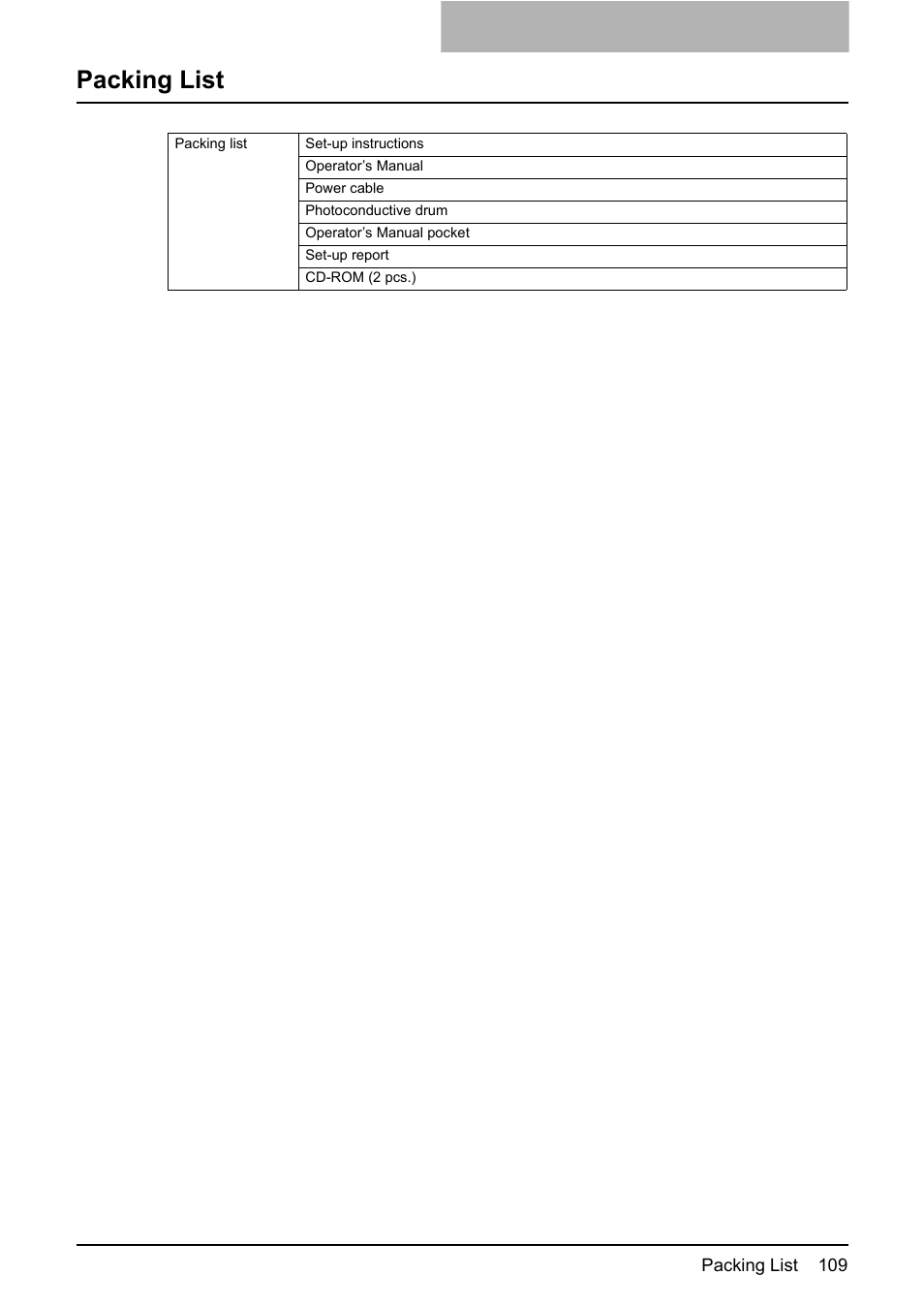 Packing list | Toshiba e-STUDIO203 User Manual | Page 111 / 116