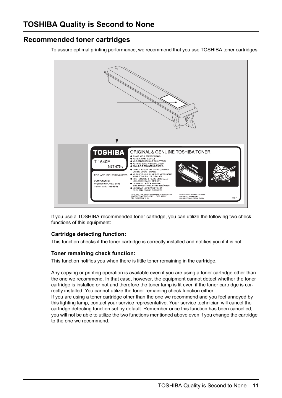 Toshiba quality is second to none, Recommended toner cartridges | Toshiba e-STUDIO203 User Manual | Page 13 / 116