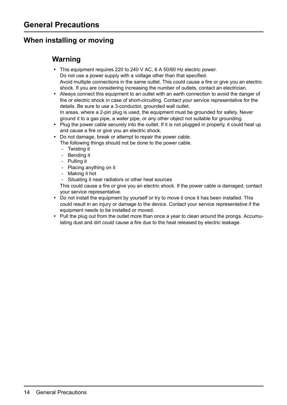 General precautions, When installing or moving, When installing or moving warning | Toshiba e-STUDIO203 User Manual | Page 16 / 116