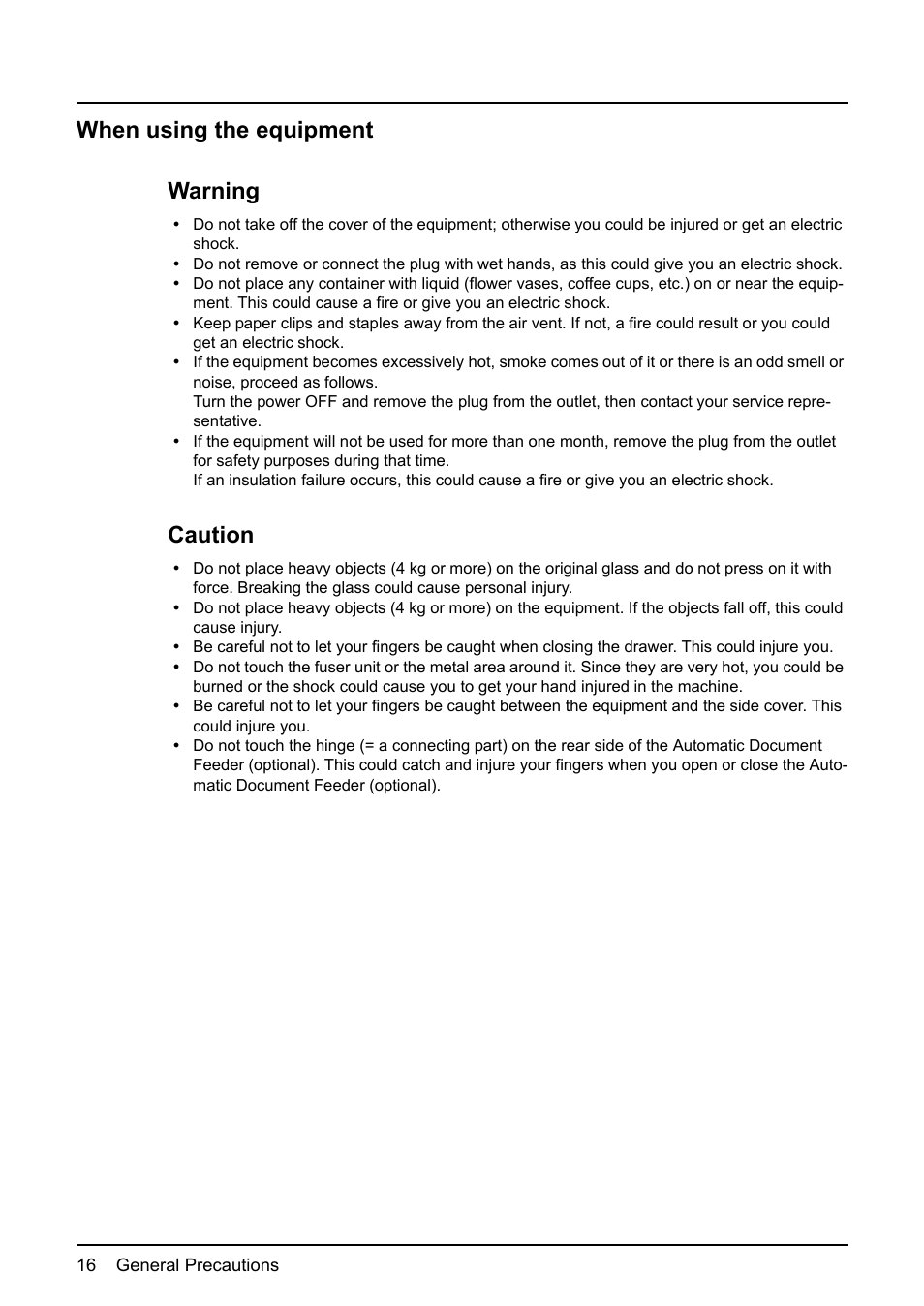 When using the equipment, When using the equipment warning, Caution | Toshiba e-STUDIO203 User Manual | Page 18 / 116